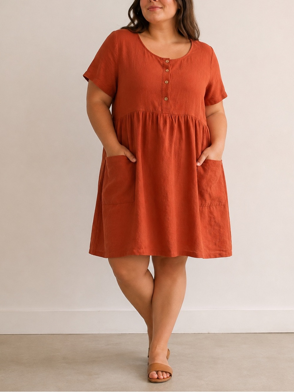 Rust Orange Midi Boxy Dress with Buttons and Pockets